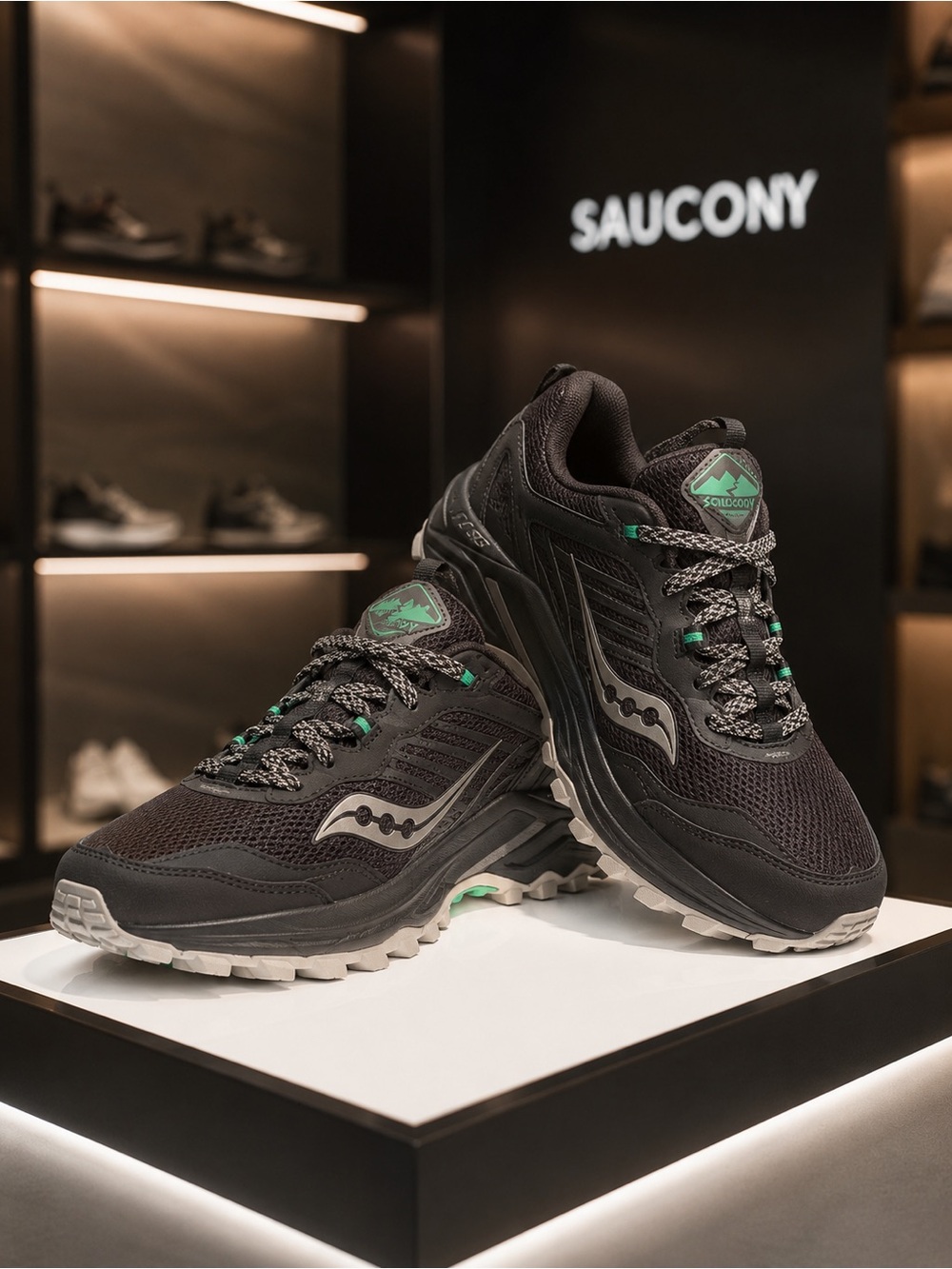 Saucony Black Trail Running Shoes with Green Accents